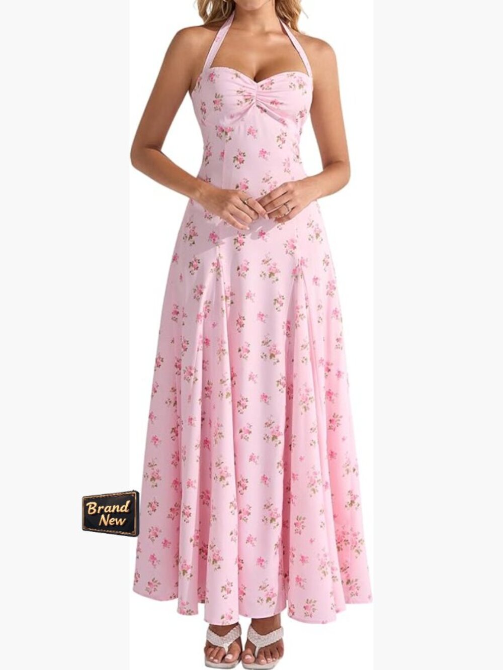 Womens Halter Maxi Dress Floral A-Line Smocked Back Side Zipper Wedding Guest